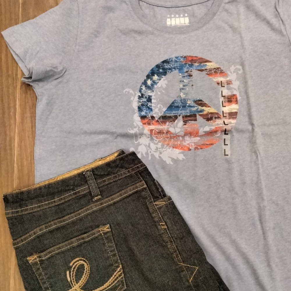 USA Flag Peace Sign Ladies Heather Blue LARGE Short Sleeve Crewneck T-shirt
